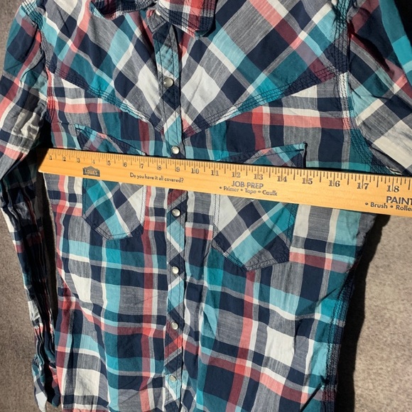 TRUE RELIGION Georgia Plaid Shirt Pearl Snap distressed elbow - Picture 4 of 11